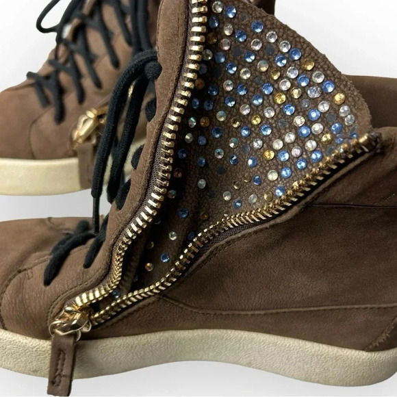Giuseppe Zanotti  Brown Leather Donna Hi-Top Swarovski Crystal Sneakers 37 - Picture 7 of 13